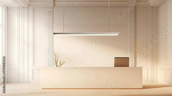 Fototapeta Thin suspended light bar in matte silver, stretching over a minimalist desk with warm white walls and clean lines