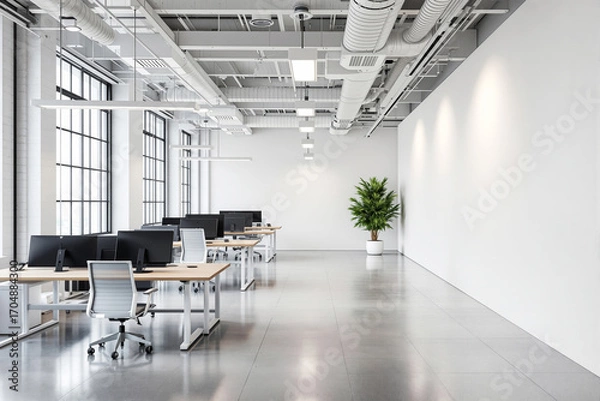 Fototapeta Modern open space office interior with minimalistic architecture and clean design, featuring large windows, desks, and ceiling ducts exposed. Ai generative