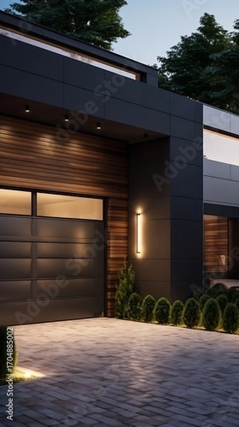 Fototapeta Sleek modern architecture featuring a dark facade and integrated lighting creating inviting exterior