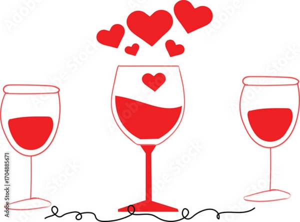 Fototapeta Three Red Wine Glasses with Hearts Floating Above and Connected by Swirls Keywords: wine, glasses, red, hearts, love