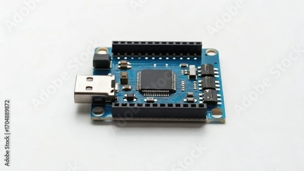 Fototapeta A compact electronic circuit board featuring USB connectivity, designed for various projects and applications.
