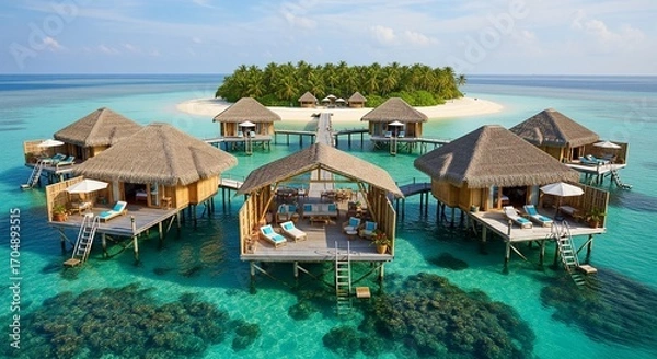 Fototapeta Luxury tropical resort with overwater bungalows and infinity pool, turquoise ocean lagoon with palm tree island, exotic travel background