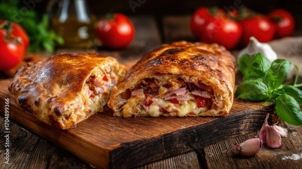 Fototapeta Delicious Homemade Calzone with Melted Cheese, Fresh Vegetables, and Savory Meat on a Rustic Wooden Table Surrounded by Ingredients and Decor