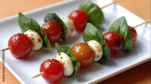 Fototapeta Colorful Skewers of Cherry Tomatoes, Fresh Basil, and Mozzarella Balls Arranged on a Plate, Perfect for Summer Appetizers or Party Snacks