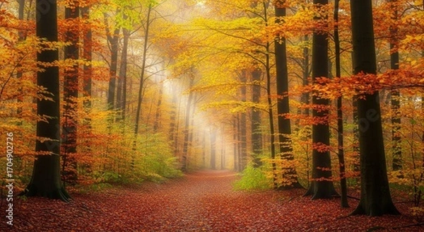 Fototapeta Autumn forest with golden sunlight rays shining through colorful fall trees, misty woodland nature scenery, seasonal landscape background