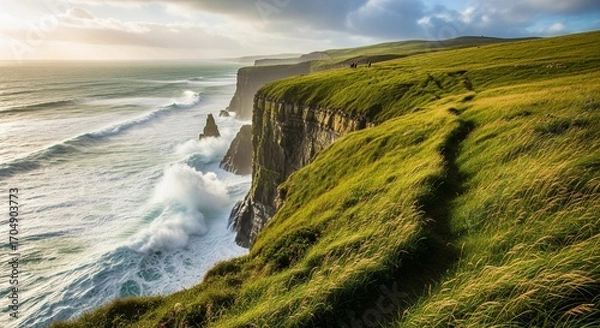 Fototapeta Dramatic coastal cliffs with crashing ocean waves, lush green meadows and wildflowers, scenic travel landscape background