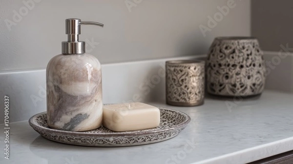 Obraz Bathroom countertop with soap dispenser, soap, and decorative candle holders.
