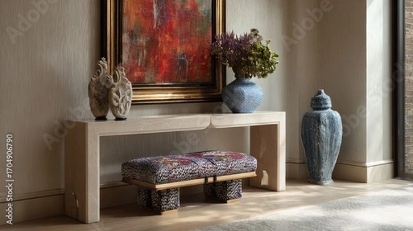 Obraz Elegant hallway decor with artwork, console table, and decorative items.