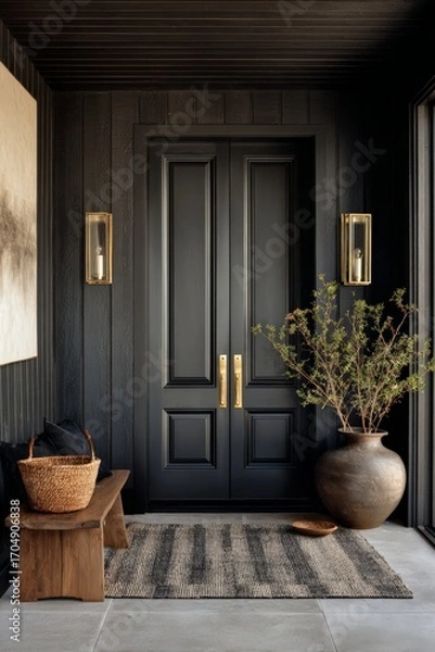 Obraz Elegant entryway with a black door and stylish decor
