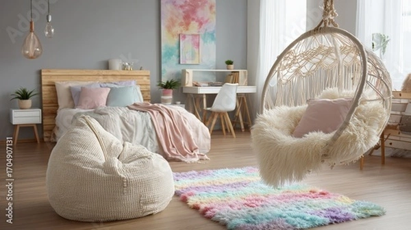 Obraz Cozy bedroom interior with a hanging chair and colorful rug.