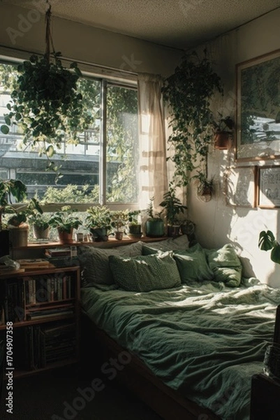 Obraz Cozy bedroom filled with lush greenery and natural light