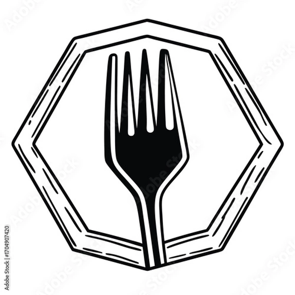 Obraz Black Silhouette Vector of Fork Inside Hexagon Frame
