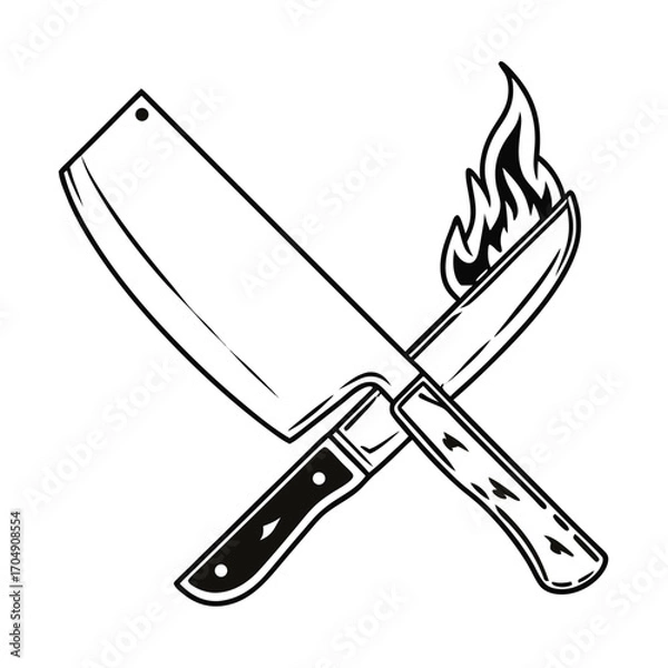 Obraz Black Silhouette Vector of Knife and Cleaver with Plate