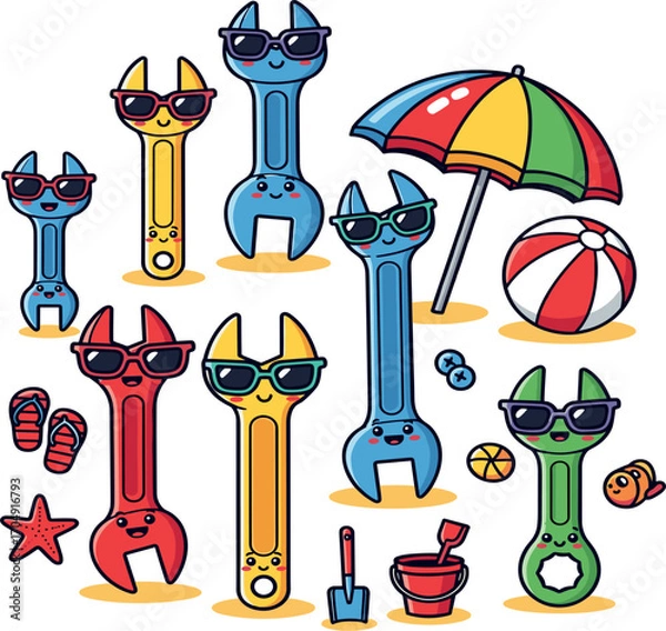 Fototapeta Beach toys shaped like tools with sunglasses and beach accessories