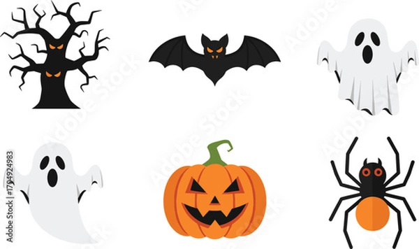 Fototapeta Halloween spooky vector icons with ghost, bat, pumpkin, spider, and haunted tree perfect for seasonal designs and festive decorations.