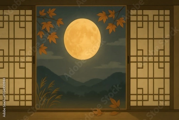 Obraz Autumn night moon at hanok window, serene background