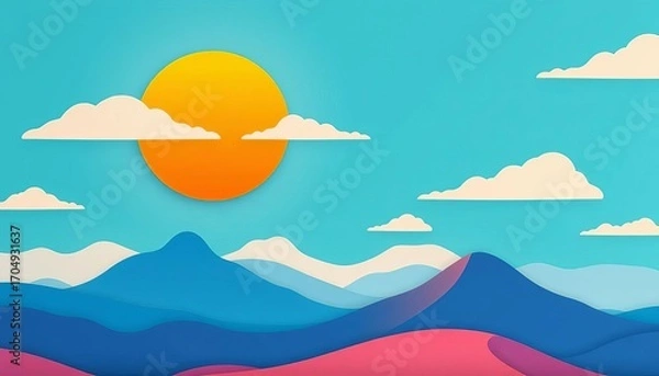 Fototapeta Paper cut style landscape, minimalist blue sky, flat design, sun, clouds, hills, mountains,  scenery,  calm
