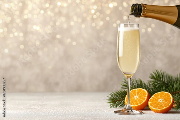 Fototapeta process of pouring champagne from bottle into tall narrow glass on festive background
