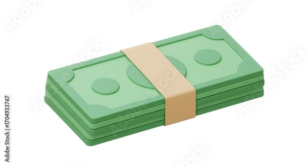 Fototapeta Stack of Money Illustration: Green Paper Currency Bundle with Band, isolated on transparent white background, PNG