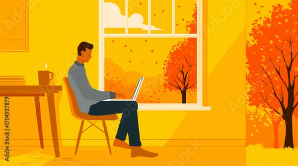 Obraz 秋の窓辺でノートパソコンで仕事をするビジネスマンのベクターイラスト