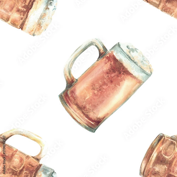 Fototapeta Beer mug with foam seamless pattern. Masses of light beer, pint of ale, traditional drink at Oktoberfest festival. Watercolor hand drawn illustration for fabric, packaging isolated from background
