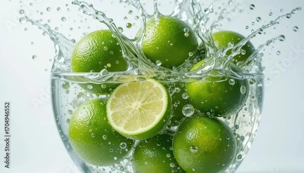 Fototapeta Limes in a glass bowl with water splashing around them, one lime is cut in half, revealing its juicy interior.