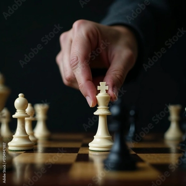 Obraz Close-up of hand moving white king chess piece on board, strategic game concept in dark background, World Chess Day words + concept