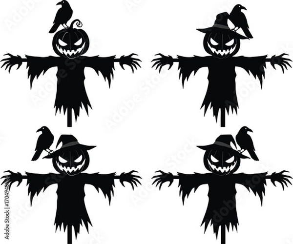 Fototapeta Spooky Halloween scarecrow vector set with pumpkin heads, creepy hands, ravens, witch hats, dark shadows, eerie faces, and haunting Halloween vibes.