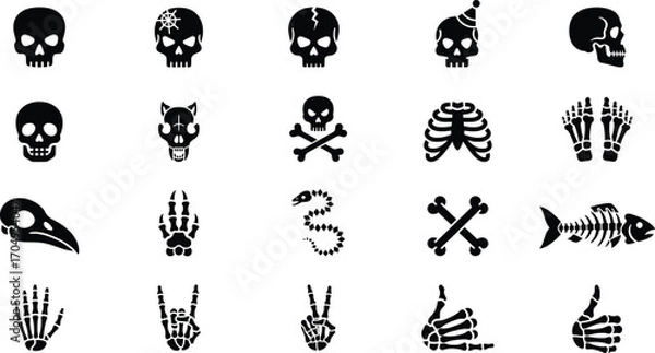 Fototapeta Solid black skull and bones glyph icon set