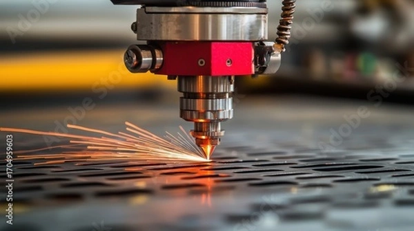 Fototapeta Precision Laser Cutting Process in Action on Metal Sheet with Sparks Flying, Industrial Technology and Manufacturing Background
