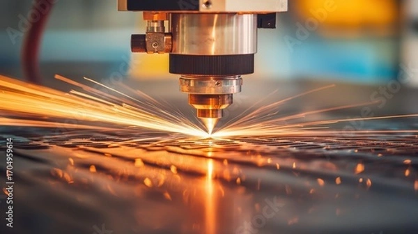 Fototapeta High-Precision Laser Cutting Machine in Action Producing Sparks and Creating Intricate Designs on Metal Sheet for Industrial Applications