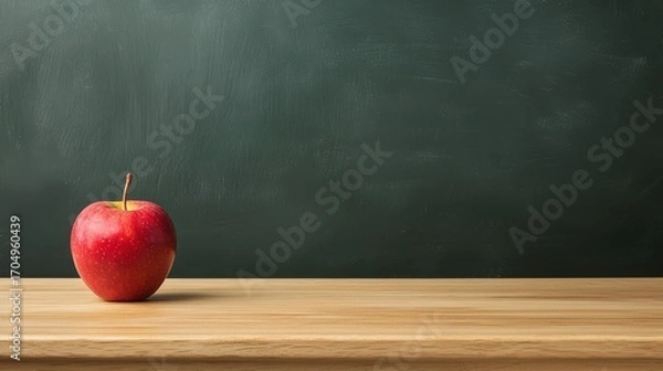 Fototapeta Fresh Red Apple on Wooden Table in Front of Black Chalkboard Background Ideal for Education, Health, and Food-Related Visuals with Minimalistic Style