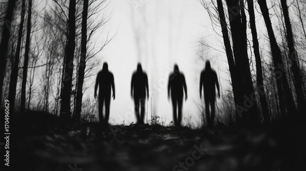 Fototapeta Mysterious Silhouettes of Figures Walking in a Dark Forest with Trees in Black and White, Creating an Eerie and Atmospheric Scene of Uncertainty and Fear