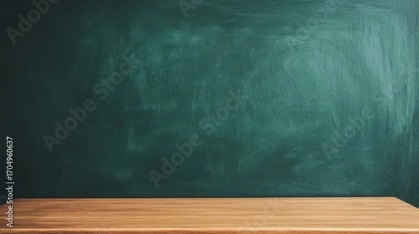 Fototapeta Empty Chalkboard Background with Wooden Table Surface Ready for Educational or Creative Content in Classroom or Home Environment