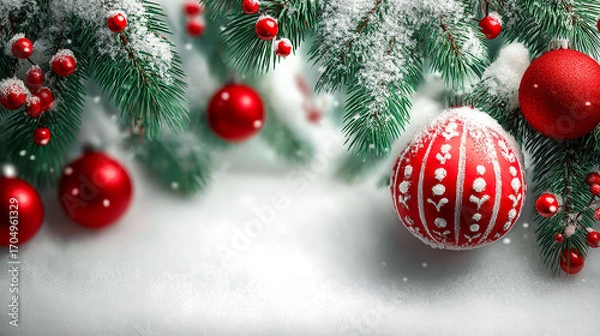 Fototapeta A red and white Christmas ornament with white stripes sits on a snowy ground. The scene is festive and joyful, with the red and white colors representing the holiday season