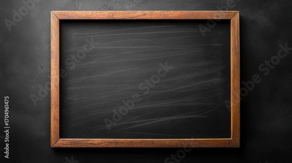 Fototapeta Empty chalkboard with wooden frame on dark background ready for writing and drawing in educational or creative settings with space for text and ideas