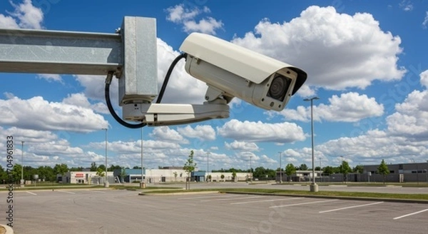 Fototapeta Security camera monitoring an empty outdoor parking lot with buildings in the background for surveillance and safety