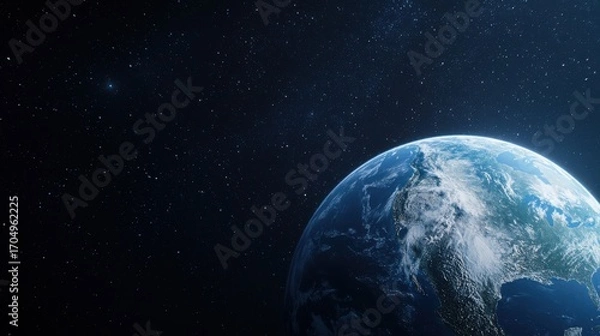 Fototapeta Stunning View of Earth from Space with Beautiful Blue Ocean and Dramatic Cloud Formations Against a Backdrop of Starry Night Sky