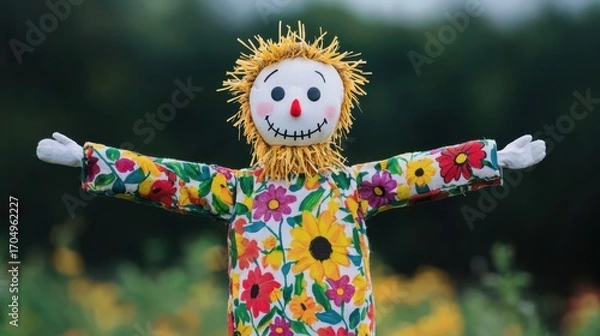 Fototapeta Colorful Scarecrow in a Flower Field with Happy Expression, Bright Colors, and Cheerful Design for Garden and Agriculture Imagery
