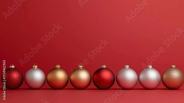 Fototapeta Elegant Arrangement of Christmas Ornaments in Red and Gold Tones on a Smooth Red Background for Holiday and Seasonal Decorations