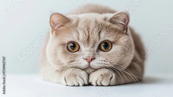 Fototapeta Adorable light beige cat with big expressive eyes resting calmly on a white surface, showcasing a mix of curiosity and tranquility for pet lovers