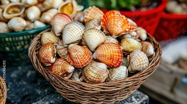 Fototapeta Freshly Harvested Assorted Shellfish in Woven Basket Displayed on Rustic Table at Local Market with Vibrant Colors and Textures Capturing Natural Beauty of Seafood