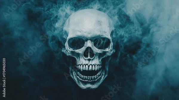 Fototapeta Realistic Skull Surrounded by Dark Smoke with Mysterious Atmosphere for Halloween or Horror Themes in Artistic Photography