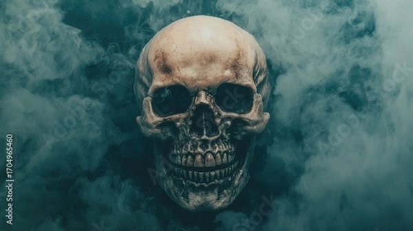 Fototapeta Human skull against a dark smoky background creating a haunting atmosphere evocative of mystery, decay, and the concept of mortality in a surreal setting.