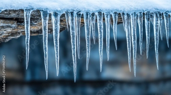 Fototapeta Glimmering Icicles Dangling from a Frozen Edge with Snow Covering the Rocks Beneath in a Cool Winter Setting with Soft Blue Tones and Selective Focus