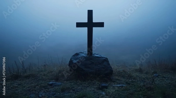 Fototapeta Cross on a Stone in a Foggy Landscape with Soft Blue Light at Dawn Representing Peace, Reflection, and Spirituality in Nature