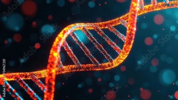 Fototapeta Vibrant Molecular Structure of DNA Helix with Luminous Particles in a Dark Background Representing Genetic Science and Research Concepts