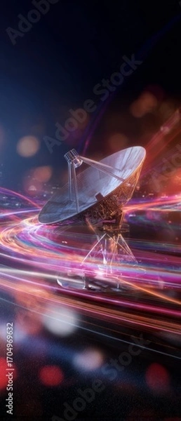 Fototapeta Beacon of communication: a satellite dish's subtle strength. High-speed internet. Skyward dreams: the unseen threads of communication unveiled. Fiber optics. Internet traffic.