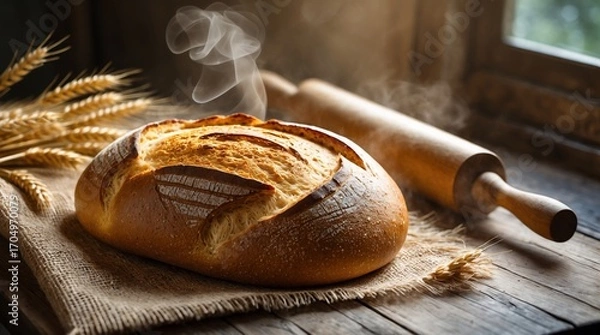 Obraz Freshly Baked Artisan Bread with Rolling Pin on Rustic Table.