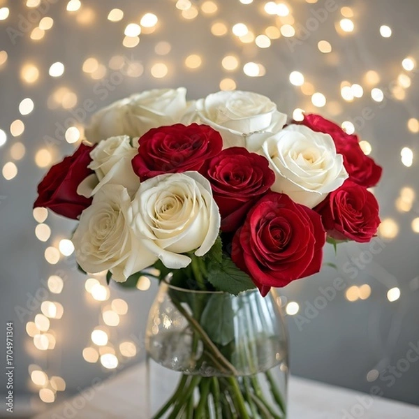 Fototapeta Fresh white and red roses arranged in a glass vase with a glowing bokeh background.